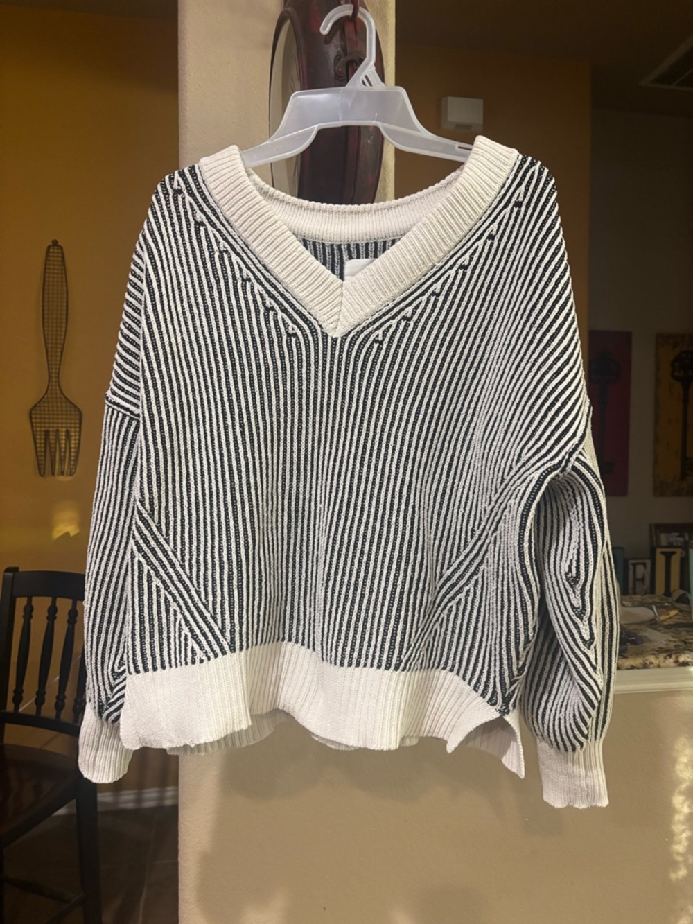 Striped V-Neck Sweater - Black & White